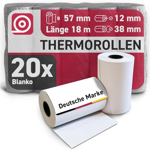 Gebongt24 Thermorollen (57mm × 18m × 12mm) – hochwertige Bonrollen aus BPA-freiem Thermopapier – 20 Kassenrollen 36mm – für PAX A920, Ingenico Move/3500 & weitere EC-Kartenterminals & Kassenbondrucker