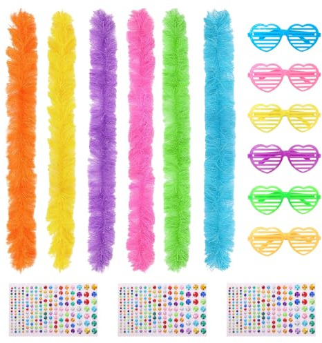6 Pcs 1.5m 21g Colorful Feather Boas Soft and Fluffy Feather Boa with 6 Pcs Glasses and 3 Pcs Colored Diamond Stickers Total 15 Pcs for DIY Wedding Party Dancing Halloween Christmas Costume