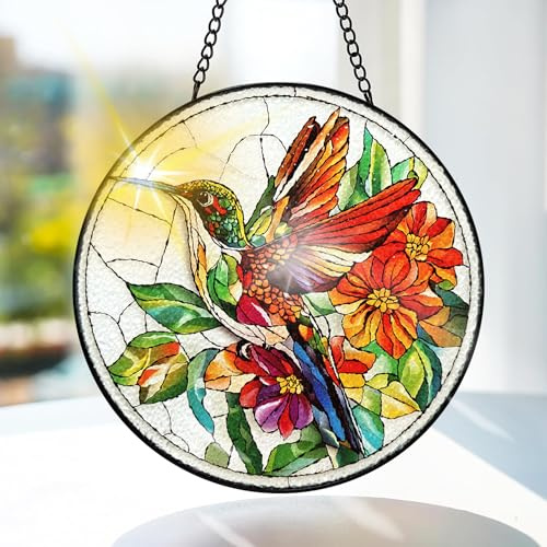 Bimkole Colibrí de vidrieras para colgar en la ventana, diseño de flores para decoración de ventanas o puertas, 7.8 x 7.87 pulgadas con cadena y gancho, regalo único de decoración del hogar