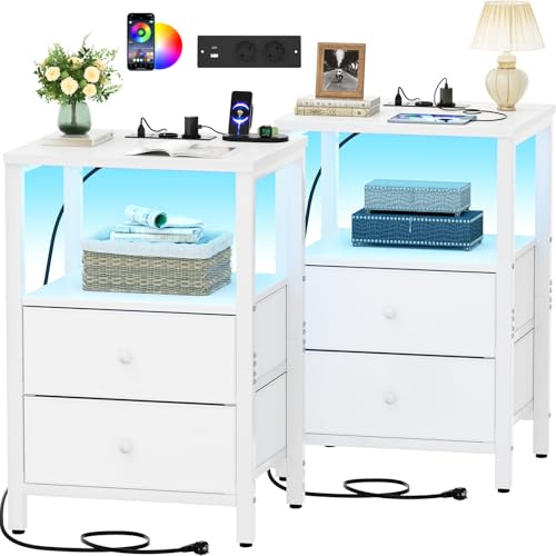 iSunirm Table de Chevet Connectée avec Station de Charge & LED, Table de Nuit Moderne avec 2 Tiroirs en Tissu, Chevet de lit Lot de 2 pour Chambre ou Salon, Blanc