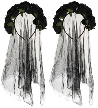 Ipetboom 2 st. Blomslöja-huvudband: Halloween-spökbrudhuvudbonad med svart slöja och blommönster - Dekorativt huvudband för de dödas dag och gotiska kostymer