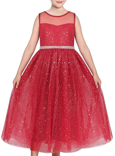 Sunny Fashion Robe Fille Rouge Briller Pointé Tulle Mesh Soir Noël an Festival Partie 14 Ans