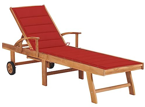 HaoChrymec Lettino Prendisole in Legno Teak, con Cuscino e Schienale Regolabile 4 Posizioni, Sdraio da Giardino, Lettino da Spiaggia, per Piscina e Balcone, Colore Rosso, 195 x 59.5 cm