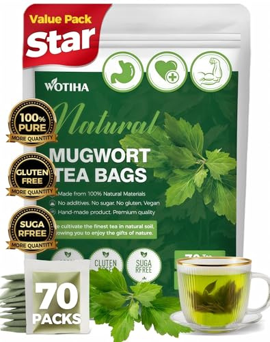 WOTIHA 70 Count Premium Mugwort Tea Bags - 100% Pure Mugwort Herb, Rich in Antioxidants, Supports Digestion, Non-GMO Caffeine-Free, Additive-Free, Sugar-Free, Vegan