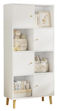 DHHOZAMZ Bücherregal Mit Türen, Raumteiler Regal, Würfelregal Weiß, Standregal Mit Türen, Bücherregal aus Holz für Wohnzimmer, Arbeitszimmer und Büro. (Weiß, 64.5x30x138cm)
