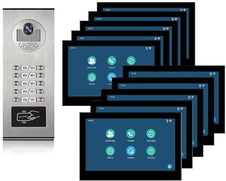WiFi 10inch Touchscreen Monitor with Wired 1080P Doorbell,Wired Apartment Video Door Intercom System with 2/3/4/6/8/10/12 Units,3 in 1 Unlocking,Motion Detect,Two-Way Intercom (bell+10 monitor)