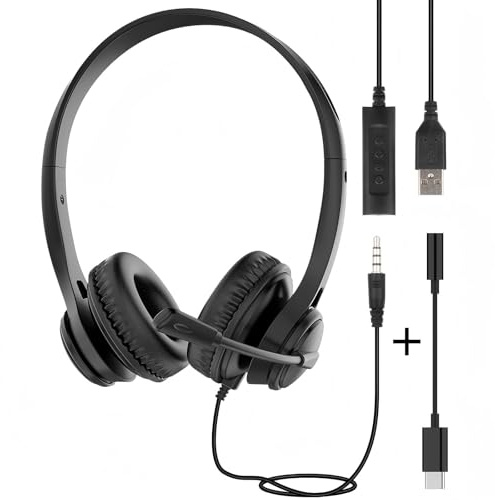 USB Headset for PC Laptop Phone, 3.5mm / USB / Type-C Jack 3-In-1 Wired Headphones with Noise Cancelling Mic & Audio Controls, Adjustable Headband Headset for Call Centers, Home Office, Online Chat