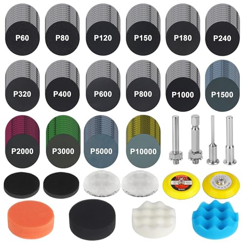 Accesorio de Pulido de 174 Piezas para Destornilladores inalámbricos, Almohadillas de Lijado de 75 mm, con Cierre de Velcro, Grano 60-10 000, Papel de Lija húmedo/seco, Almohadillas para pulir Faros
