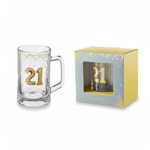 Hox 21st Birthday Glass Tankard 1 Pint Beer Mug Gift Boxed – Gold Confetti Design Celebration Pint Glass for Him, Friend or Dad