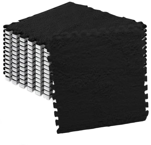 Ineinandergreifende Plüsch-Schaumstoffmatte, 12 Stück Wohnzimmer-Schlafzimmer-Teppichfliesen, 30cm*30cm*1cm Zusammensteckbare Schaumstoff-Bodenfliesen für Wohnzimmer, Schlafzimmer (Schwarz)