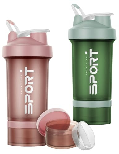 Alaoo Protein Shaker, 2 stycken 500 ml proteinshaker flaska, fitnessshaker med 2 mixboll rostfritt stål, BPA-fri med mätskala för proteinpulver, proteinshake (G-grön + rosa)
