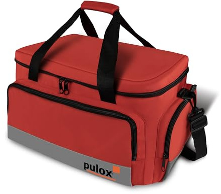 PULOX Notfalltasche mit Befüllung & Pulsoximeter PO-200 Solo Rot | Große professionelle Sanitätstasche aus Nylon, sofort einsatzbereit für Rettungsdienst, Praxis und Notfallversorgung