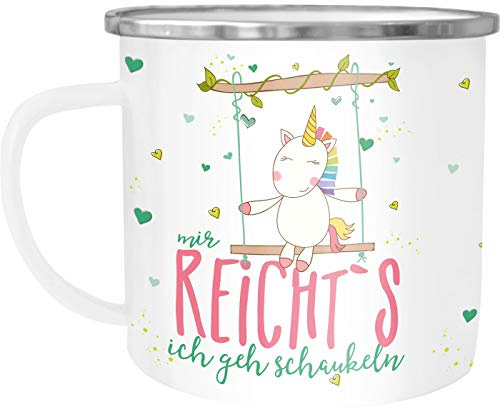 MoonWorks Emaille Tasse Becher Einhorn Mir reichts ich geh schaukeln Spruch Einhorntasse Unicorn Kaffeetasse Weiss-metall unisize