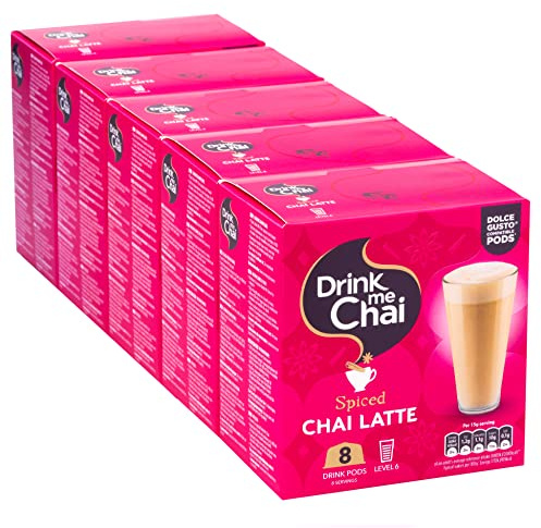 Drink Me Chai Thé Chai au Lait épicé Compatible avec des capsules Dolce Gusto, 8, capsules x 5 Boîtes (40 capsules Chai Latte, 40 Portions au Total)
