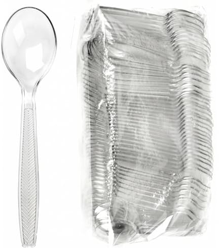Signature Extra Heavy Duty Clear Plastic Soup Spoons, Reusable, 100 Pack | Extra heavy duty, dishwasher safe, washable & reusable. Deep-bowl spoons for soups, desserts, camping & picnics.