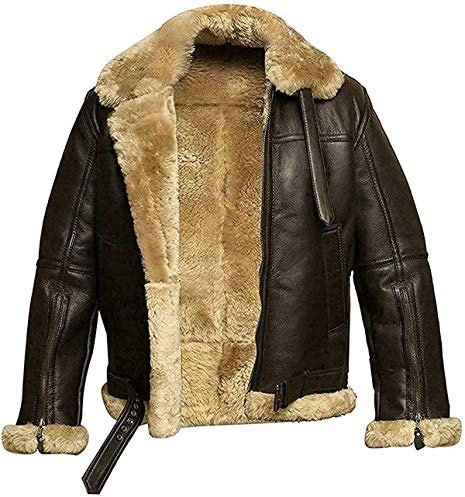 Herr skjuvning äkta fårskinn läder bomber pilot flyg B3 WWII flygande cockpit jacka tjock ull inuti/inre, Brun/herr päls äkta läderjacka, XXL