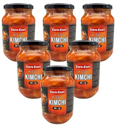 Euro-East Kimchi 6er-Pack im Glas x 440g, Eingelegter Chinakohlsalat in koreanischer Küche, Vegan, Glutenfrei und ohne Konservierungsstoffe, mittlere Schärfe für den europäischen Geschmack (6x440 g).