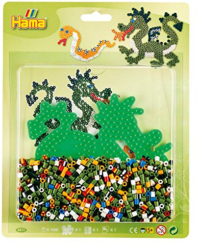 Hama Perlen 4211 Set Drache mit ca. 1.100 bunten Midi Bügelperlen mit Durchmesser 5 mm, Stiftplatte, inkl. Bügelpapier, kreativer Bastelspaß für Groß und Klein