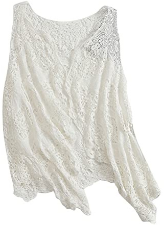 ORANDESIGNE Femmes Gilet Cardigan été Hippie Gilet Crochet Creux Dentelle Irrégulière Boho sans Manches Cardigan Court Gilet Irrégulier Ajouré Cardigan Beachwear A Blanc Taille Unique