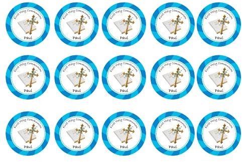 Blue First Holy Communion Cupcake Toppers Personalised Icing or Wafer or Wafer Card Stand up Any Size
