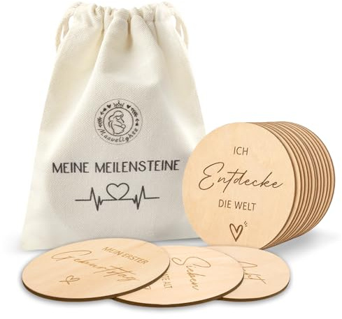 Marvelights Holz Meilensteinkarten Baby – Set mit 32 Meilensteinen (16 doppelseitige Karten) | Fotokarten für Neugeborene, Babyfotos & Babyparty | Geschenk für werdende Mamas & Eltern
