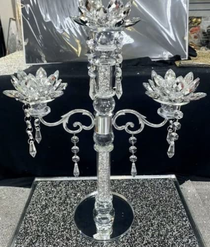 Biznest Crushed Diamond Candle Holder Silver Crystals Filled 3 Flower Tier Romany Lotus Sparkle Ornament Bling Crushed Diamond Gift, Birthday Present Gift