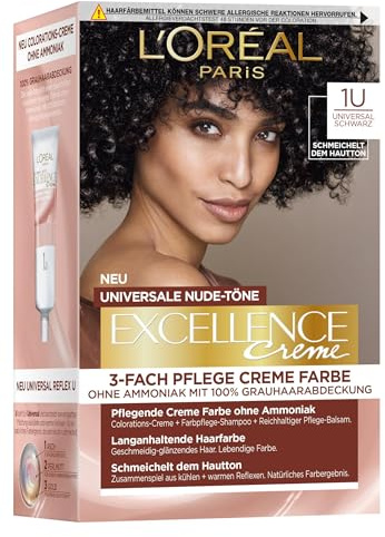 L'Oréal Paris Permanente Haarfarbe für jeden Hautton, Coloration ohne Ammoniak, Universale Nude-Töne mit vollständiger Grauhaarabdeckung, Excellence Creme, Nr. 1U Schwarz, 1 Stück