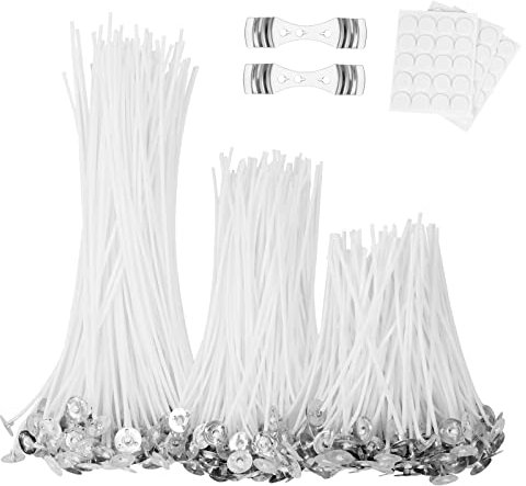 URAQT Kerzendochte, 300 STK Kerzendocht Kerzenherstellung Zubehör, mit 60 STK Dochtaufkleber und 2 Docht Halter, Candle Wick für die Kerzenherstellung Candle DIY (10cm 15cm 20cm)
