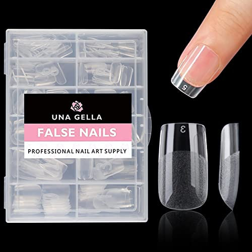 UNA GELLA Capsule Americaine Ongle Carrée Courte, 216 Pièces 12 Tailles Faux Ongles Extrémités Autocollantes Préformées Transparentes pour Ongles Acryliques DIY
