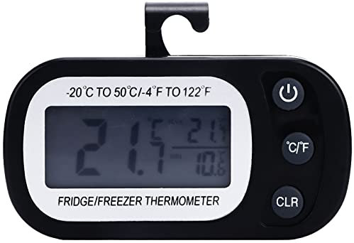 Tyenaza Thermomètre numérique pour réfrigérateur, thermomètre étanche pour congélateur avec Grand écran LCD et Fonction d'enregistrement Max/Min à Dos magnétique Noir