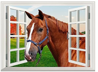 SUPERDANT Wandsticker Bunte Bauernhofpferd Wandaufkleber 3D Fensteransicht Wandtattoo Fensteransicht Babypferd Sonniger Bauernhof Feldtiere Naturfotografie Vinyl Wandsticker Für Heimdekoration