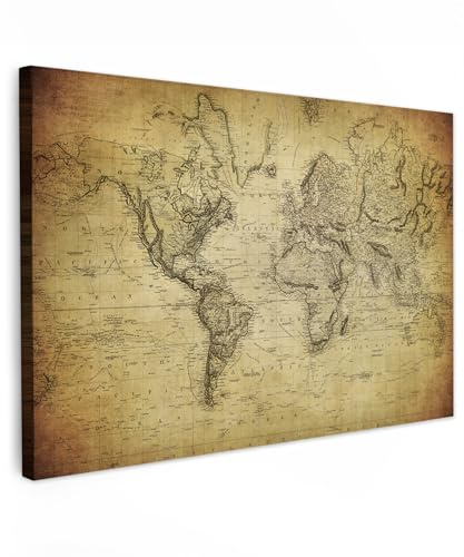 MuchoWow© Bilder Groß XXL Wohnzimmer Deko Modern Wandbild Foto auf Leinwand | 120x80 cm - Bild Schlafzimmer Room Decor Geschenke Weltkarte Wand - Landkarte Welt - Vintage - Antik - Braun - Papier
