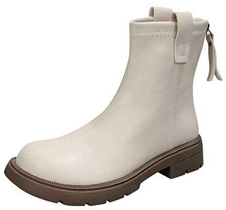 BILIKEYU Mode Frauen Kunstleder Einfarbig Dicke Sohle Quadratische Absätze Reißverschluss Kurze Booties Runde Zehe Schuhe Jungen 29 Gefüttert (White, 37)