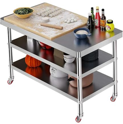 Arbeitstisch Edelstahl Küche Edelstahltisch 3 Ebenen Küchentisch Zubereitungstisch mit abschließbaren Rollen für Küche Bar Restaurantar(120x60cm/47.2X23.6in)