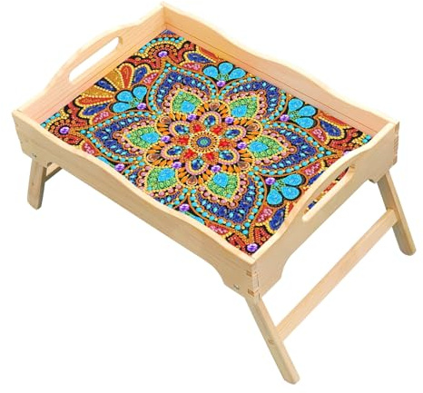 Lebartm Vassoio da letto fai da te con gambe pieghevoli, pittura artistica con diamanti, in legno, portatile, vassoio per laptop, vassoio per colazione, divano, letto, spuntini, lavoro