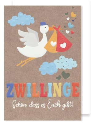 Zwillinge Geburt Junge Mädchen Karte Grußkarte Storch bunt 16x11cm