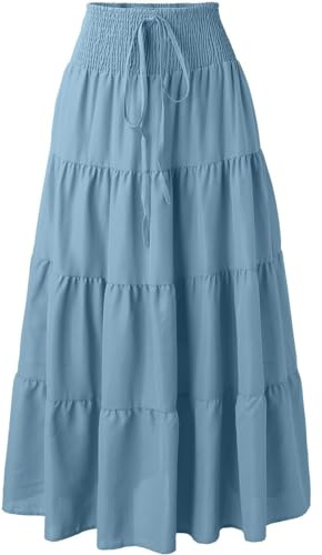 Adigaber Plisserad retro maxi kjol, 2 i 1 lång bohemisk, lös, ledig, flödande, casual kjol, till strandfest, magdans mm., Blå, one size