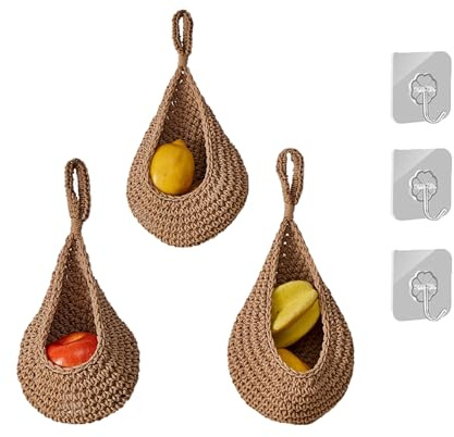 NCONCO 3 PCS Hanging Wall Basket Cotton Rope Woven Fruit Basket Teardrop Hanging Wall Decor Baskets Hanging Plant Basket Decor Hanging Basket for Fruits and Vegetables with Hooks