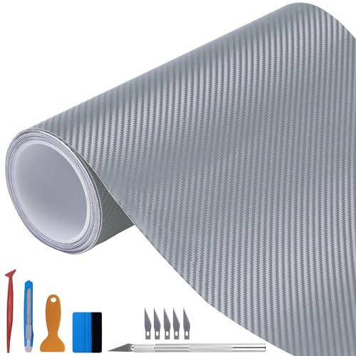 NewL Rollo de Vinilo 3D Plateado de Fibra de Carbono con Salida de Aire, película Adhesiva sin Burbujas, Incluye Herramientas de instalación, 100 x 300 cm