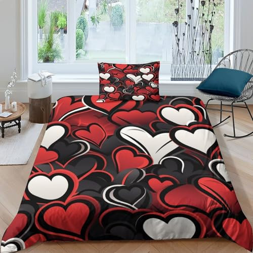 XHSMSHWY Romantisches Herz Bettwäschegarnitur Für Kinder Mädchen Jungen Bettbezug Set 3D Gedruckter Liebe Weich Microfaser Reissverschluss Und Kissenbezüge Bettwäsche 3 Teilig Single（135x200cm）