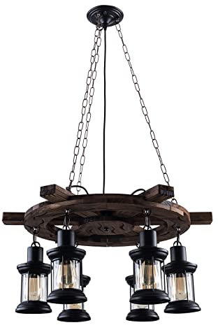 Lámpara de araña industrial de madera de 6 luces con pantalla de cristal, volante de barco, iluminación colgante, lámpara colgante de granja, altura ajustable para sala de estar, comedor, cocina, isl