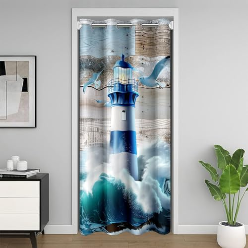 Homewish Leuchtturm Tür Vorhang Privatsphäre 86x203cm Rustikale Holzbrett Verdunkelungs Vorhang Schlafzimmer Dekor Surfen Ozean Welle und Vögel Türvorhang Nautische Raum Teiler Vorhang,Blau