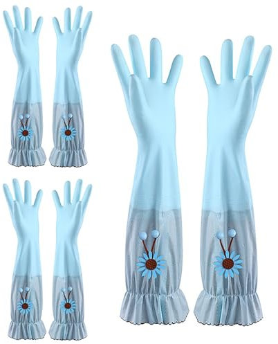 LUNCHS 3 Paare Putzhandschuhe Plastik Gummihandschuhe Lange Modelle Sind Weniger Anfällig für Das Eindringen Von Wasser Haushaltshandschuhe(Blau)