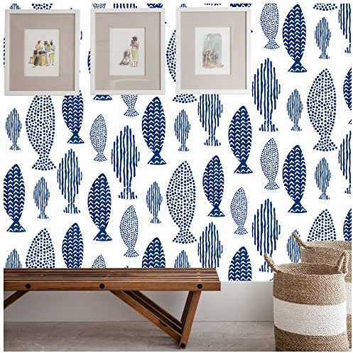 FENTIS Carta da parati autoadesiva con motivo di pesci blu, carta da parati bianca con retro adesivo in plastica vinilica, fiori adesivi da parete per cucina, soggiorno, armadio, piano di lavoro, 44,5