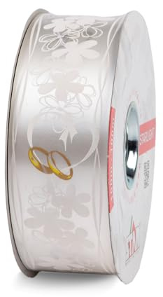 Star Geschenkband Ringelband 50mm x 50m wasserfest - Eheringe & Blumen Motiv - Kunststoff Dekoband - Polyband mit Hochzeitsmotiv - Hochzeitsband Schleifenband zum Basteln von Autoschleifen - Weiß