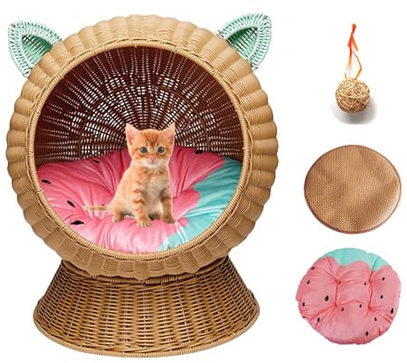DLLDLGG Lit Surélevé pour Chat Tissé À La Main avec Coussin Rond Et Coussin Doux Et Forme D'œuf pour Chat, Forme D'œuf pour Chat, Lit Tissé en Jacinthe d'eau pour Chat