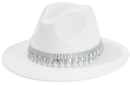 Klassischer Fedora-Hut für Damen und Herren, breite Krempe, glänzend, Strass, Hochzeit, Filzhut, Panama-Jazz-Hut, Weiss/opulenter Garten, Einheitsgr��e