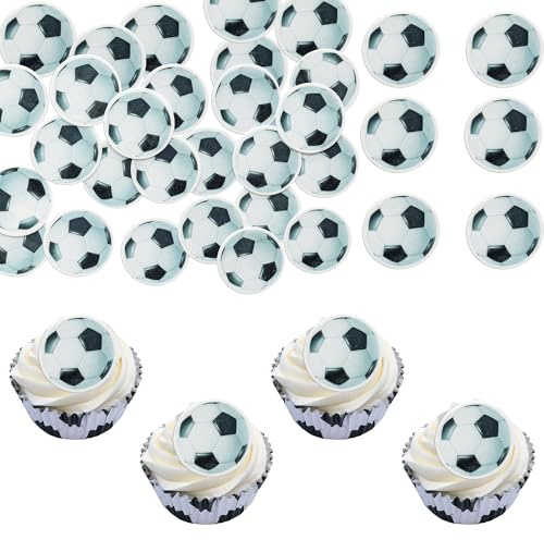 Gyufise 50Pcs Edible Soccer Ball Cupcake Toppers Sports Theme Football Cupcake Picks Edible Soccer Cake Decorations for Baby Shower Theme Soccer Ball Kids Birthday Party Decorations