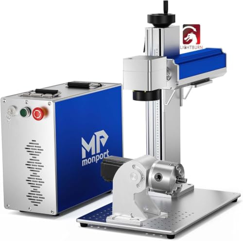 Monport Faserlaser Graviermaschine 30W mit Rotary, LightBurn Kompatibel Laser Engraver & Cutter mit BSL Rote Punktzeiger 0.01mm Präzision, 150x150mm Raycus Lasergravur für Silber Schiefer Metall