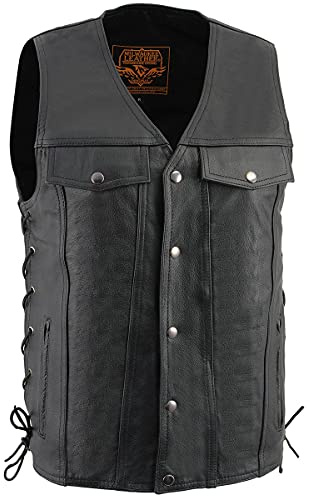 Milwaukee Leather LKM1360 Men's Classic Black Leather V-Neck Motorcycle Rider Vest w/Adjustable Side Laces - Large